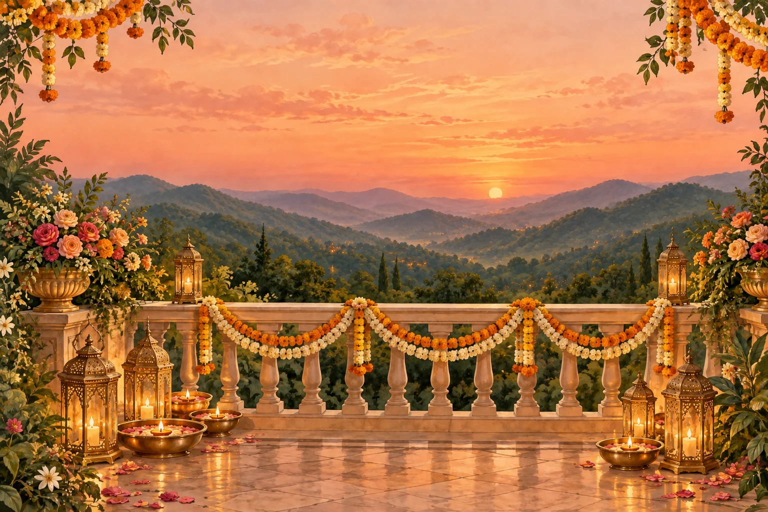 A golden sun setting over clear Himalayan hills, with marigold garlands and brass lanterns on a terrace