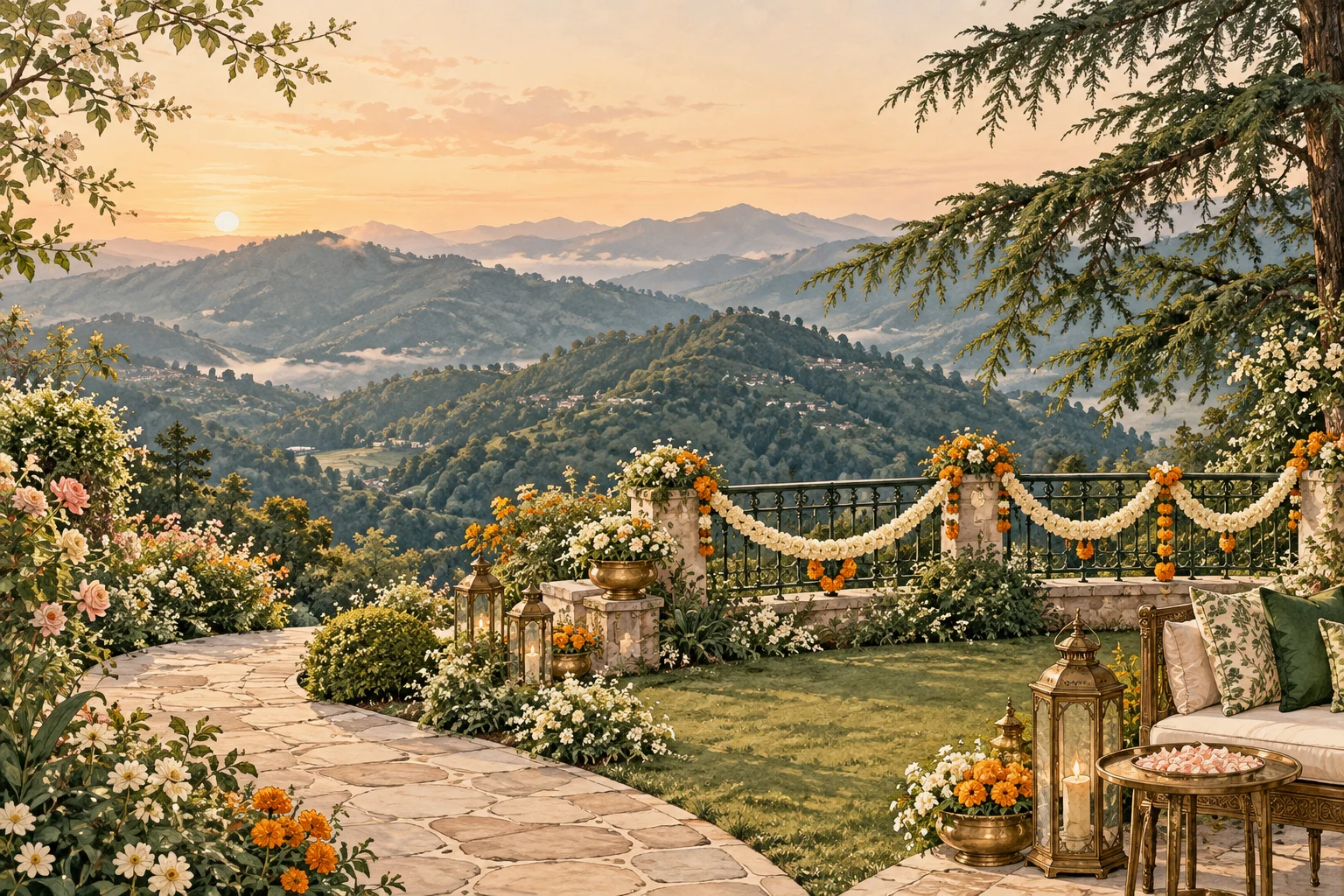 A flower-lined garden terrace overlooking the Mussoorie hills