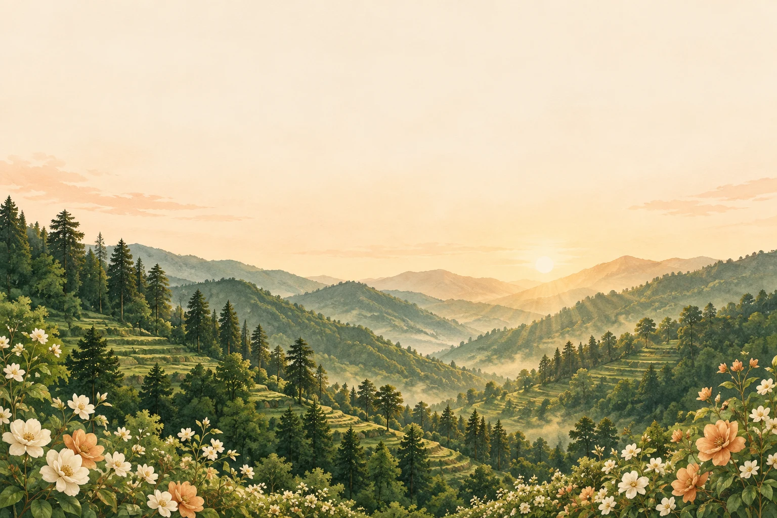 Sunlit green Himalayan foothills framed by deodars and flowers
